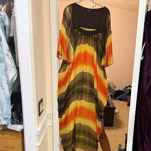 Bebe Vibrant Asymmetrical Dress in Orange, Yellow, and Black